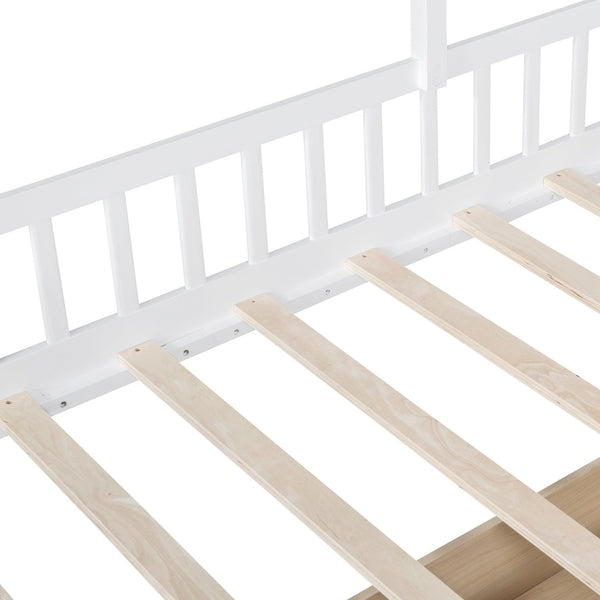 English Elm Twin House Bed Frame for Kids with Attached Sofa Two Drawers and Pine Slat Support HL000065AAK