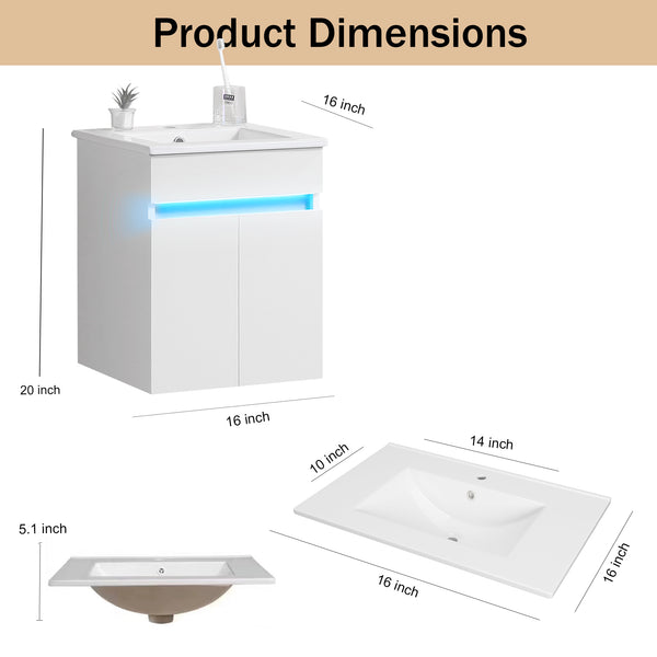 English Elm 16" Bathroom Vanity With Sink - Space-Saving Wall-Mounted Design, Radar Sensing Light & Storage! W1882S00041