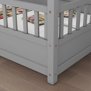 English Elm Full House Frame Floor Bed with Roof & High Fence Guardrails, Solid Pine/Plywood, Safe Spacious Design Grey W1858123988