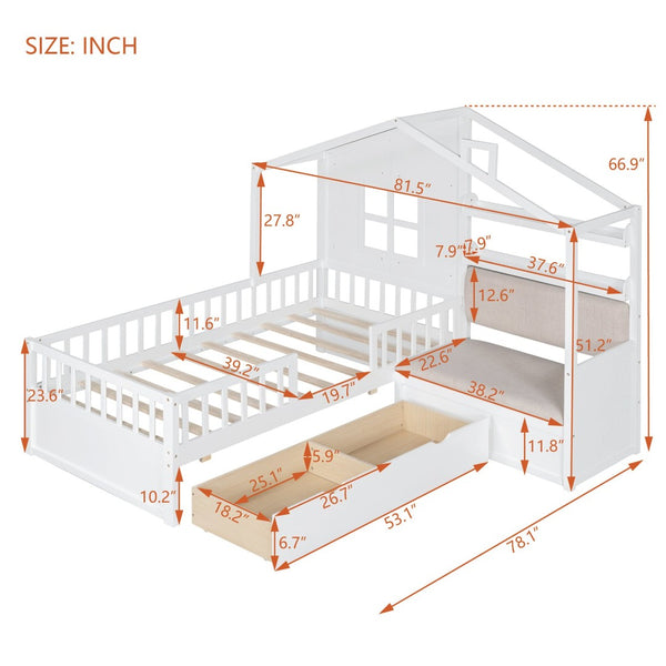 English Elm Twin House Bed Frame for Kids with Attached Sofa Two Drawers and Pine Slat Support HL000065AAK