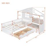 English Elm Twin Size House Bed With Sofa, Kids Platform Bed With Two Drawers and Storage Shelf, White