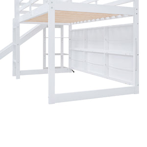 English Elm Twin House Loft Bed with Slide, Storage Shelves and Built-In Light — Playhouse Design, Sturdy 400lb Capacity White GX000355AAK