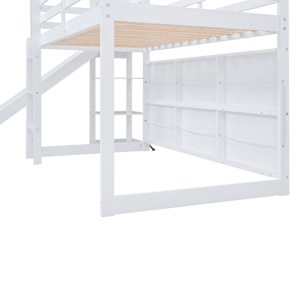 English Elm Twin House Loft Bed with Slide, Storage Shelves and Built-In Light — Playhouse Design, Sturdy 400lb Capacity White GX000355AAK