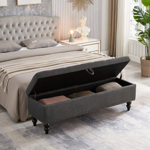 English Elm 59" Bed Bench Ottoman with Hidden Storage, Eucalyptus Wood Frame, Durable Linen Upholstery, 500lb Capacity Grey W1097124942