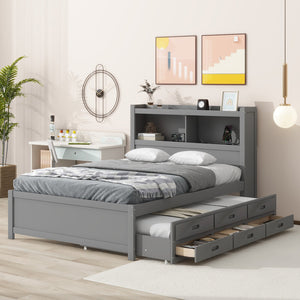 English Elm Full Full Size platform bed with trundle, 3 under-bed drawers, headboard shelves and USB ports—durable pine construction for storage and extra sleeping space Gray GX000352AAE