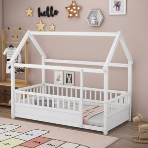 English Elm Twin House Frame Floor Bed with 20" High Fence, Solid Pine Roof, Spacious Entrance for Kids Safety White W1858123984