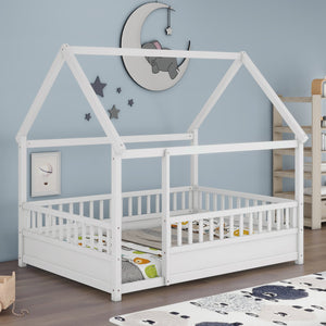 English Elm Full House Frame Floor Bed with Roof & High Fence Guardrails, Solid Pine/Plywood, Safe Spacious Design White W1858123986