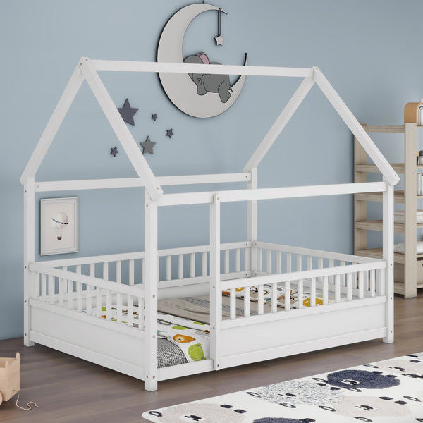 English Elm Full House Frame Floor Bed with Roof & High Fence Guardrails, Solid Pine/Plywood, Safe Spacious Design White W1858123986