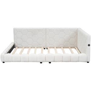 English Elm Upholstered Full Size Platform Bed with USB Ports, LED Accent Belt, White Modern Daybed Design GX000554AAK