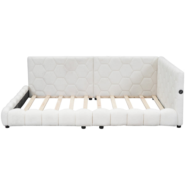 English Elm Upholstered Full Size Platform Bed with USB Ports, LED Accent Belt, White Modern Daybed Design GX000554AAK