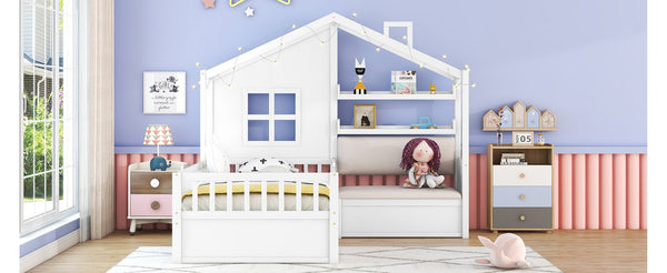 English Elm Twin House Bed Frame for Kids with Attached Sofa Two Drawers and Pine Slat Support HL000065AAK