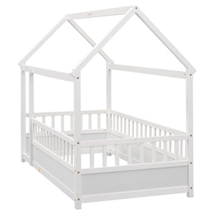 English Elm Twin House Frame Floor Bed with 20" High Fence, Solid Pine Roof, Spacious Entrance for Kids Safety White W1858123984