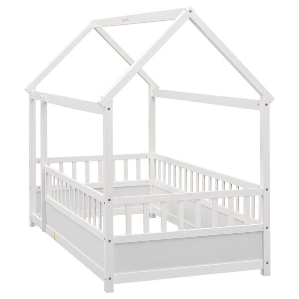 English Elm Twin House Frame Floor Bed with 20" High Fence, Solid Pine Roof, Spacious Entrance for Kids Safety White W1858123984