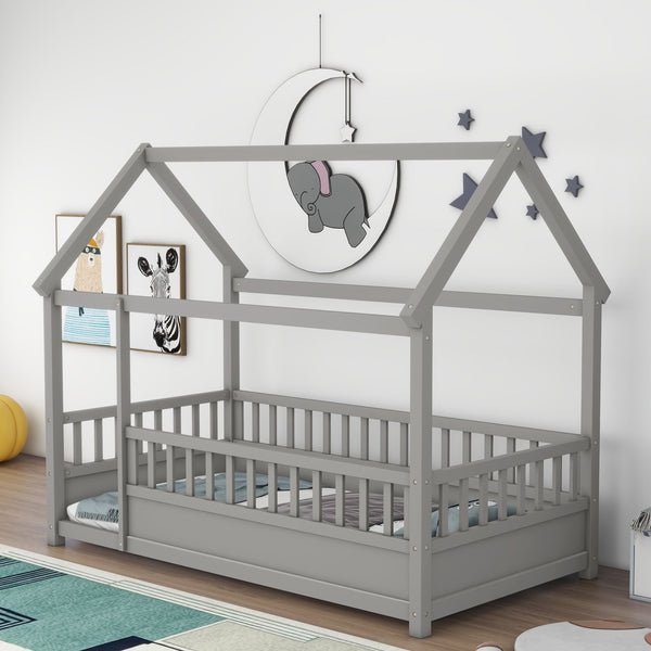 English Elm Twin House Frame Floor Bed with 20" High Fence, Solid Pine Roof, Spacious Entrance for Kids Safety Grey W1858123985