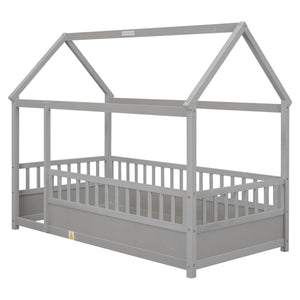 English Elm Twin House Frame Floor Bed with 20" High Fence, Solid Pine Roof, Spacious Entrance for Kids Safety Grey W1858123985