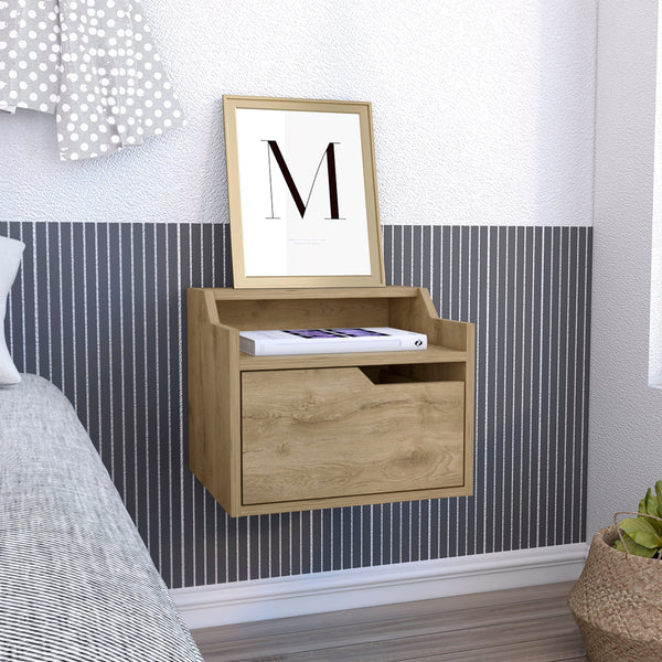 English Elm Busan Floating Nightstand with Single Drawer and Two-Tier Shelves for Wall-Mounted Modern Storage Beige 18 L x 17 W x 5 H B070137838