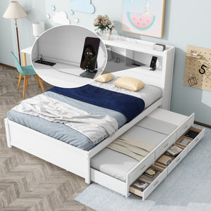 English Elm Full Full Size platform bed with trundle, 3 under-bed drawers, headboard shelves and USB ports—durable pine construction for storage and extra sleeping space White GX000352AAK