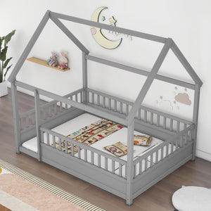 English Elm Full House Frame Floor Bed with Roof & High Fence Guardrails, Solid Pine/Plywood, Safe Spacious Design Grey W1858123988