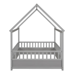 English Elm Full House Frame Floor Bed with Roof & High Fence Guardrails, Solid Pine/Plywood, Safe Spacious Design Grey W1858123988