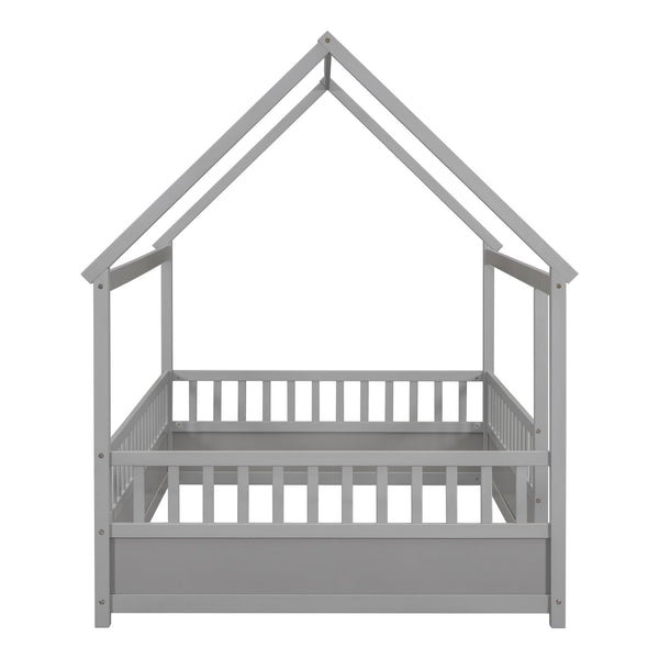 English Elm Full House Frame Floor Bed with Roof & High Fence Guardrails, Solid Pine/Plywood, Safe Spacious Design Grey W1858123988