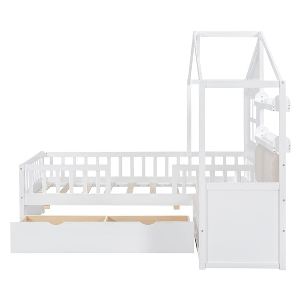 English Elm Twin House Bed Frame for Kids with Attached Sofa Two Drawers and Pine Slat Support HL000065AAK