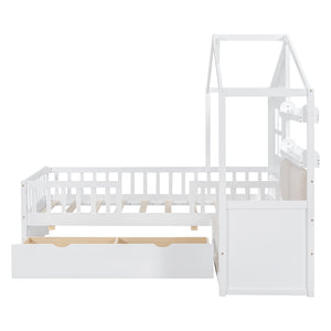 English Elm Twin House Bed with Sofa and Built-In Storage Drawers, Kids Platform Bed with Reading Nook Cozy Design White 43.5 L x 26.3 W x 9.25 H N733S337609K