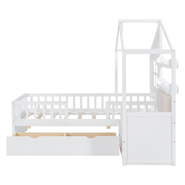 English Elm Twin House Bed with Sofa and Built-In Storage Drawers, Kids Platform Bed with Reading Nook Cozy Design White 43.5 L x 26.3 W x 9.25 H N733S337609K
