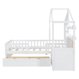 English Elm Twin Size House Bed With Sofa, Kids Platform Bed With Two Drawers and Storage Shelf, White