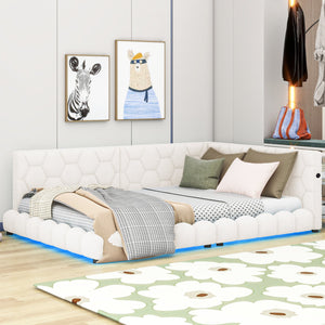 English Elm Upholstered Full Size Platform Bed with USB Ports, LED Accent Belt, White Modern Daybed Design GX000554AAK