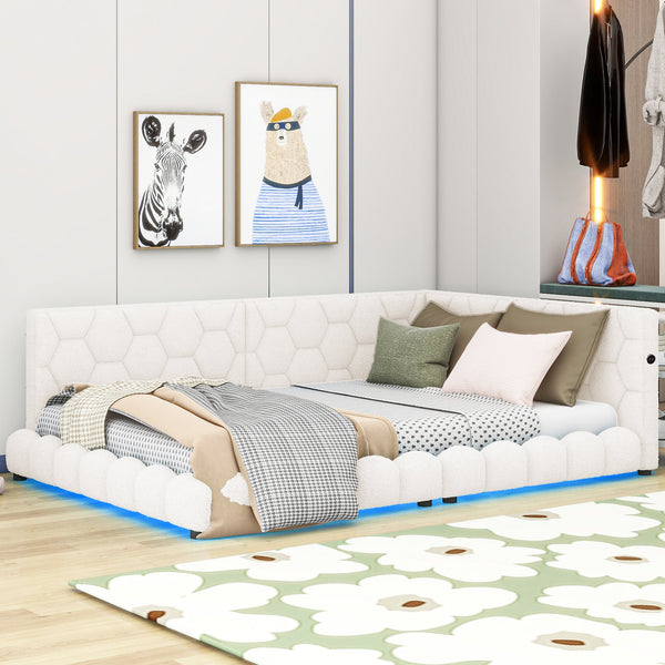 English Elm Upholstered Full Size Platform Bed with USB Ports, LED Accent Belt, White Modern Daybed Design GX000554AAK