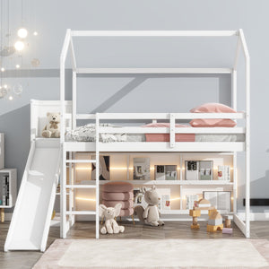 English Elm Twin House Loft Bed with Slide, Storage Shelves and Built-In Light — Playhouse Design, Sturdy 400lb Capacity White GX000355AAK