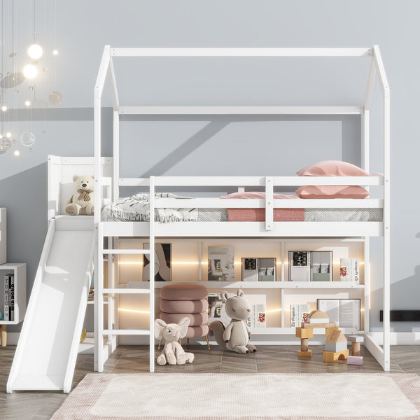 English Elm Twin House Loft Bed with Slide, Storage Shelves and Built-In Light — Playhouse Design, Sturdy 400lb Capacity White GX000355AAK
