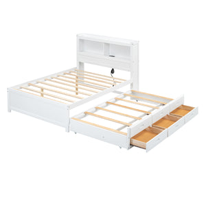 English Elm Full Full Size platform bed with trundle, 3 under-bed drawers, headboard shelves and USB ports—durable pine construction for storage and extra sleeping space White GX000352AAK