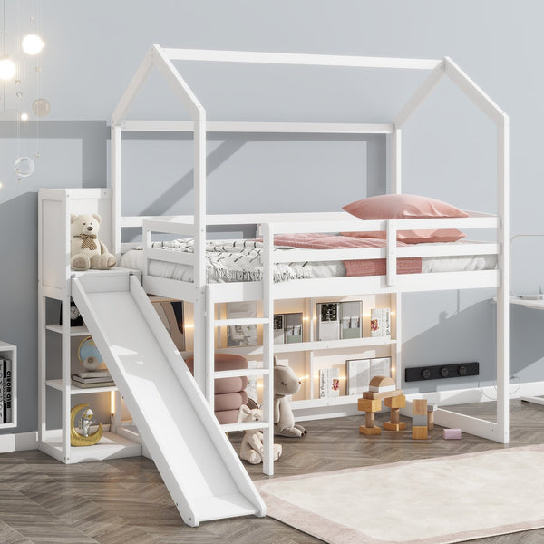 English Elm Twin House Loft Bed with Slide, Storage Shelves and Built-In Light — Playhouse Design, Sturdy 400lb Capacity White GX000355AAK