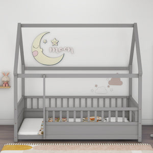 English Elm Full House Frame Floor Bed with Roof & High Fence Guardrails, Solid Pine/Plywood, Safe Spacious Design Grey W1858123988