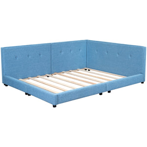 English Elm Upholstered Full Platform Bed with USB Ports and LED Accent, Linen Upholstery, Sturdy 600lb Capacity Blue GX000556AAC