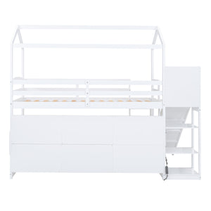 English Elm Twin House Loft Bed with Slide, Storage Shelves and Built-In Light — Playhouse Design, Sturdy 400lb Capacity White GX000355AAK
