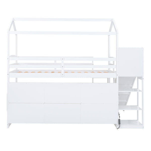 English Elm Twin House Loft Bed with Slide, Storage Shelves and Built-In Light — Playhouse Design, Sturdy 400lb Capacity White GX000355AAK