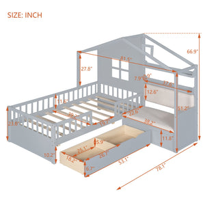 English Elm Twin House Bed with Sofa and Built-In Storage Drawers, Kids Platform Bed with Reading Nook Cozy Design Gray 43.5 L x 26.3 W x 9.25 H N733S337609E