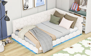 English Elm Upholstered Full Size Platform Bed with USB Ports, LED Accent Belt, White Modern Daybed Design GX000554AAK