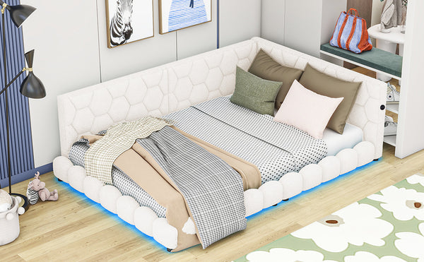 English Elm Upholstered Full Size Platform Bed with USB Ports, LED Accent Belt, White Modern Daybed Design GX000554AAK