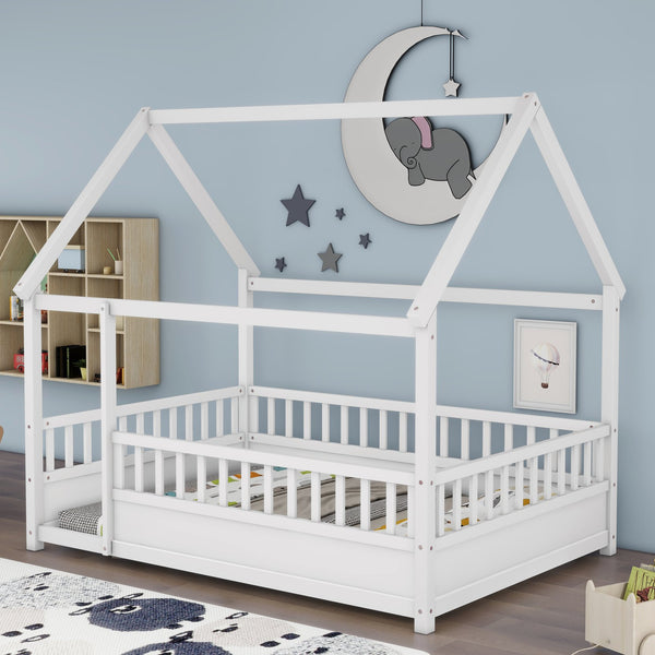 English Elm Full House Frame Floor Bed with Roof & High Fence Guardrails, Solid Pine/Plywood, Safe Spacious Design White W1858123986