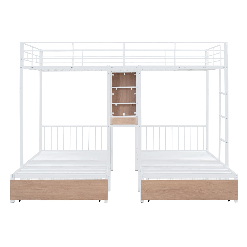English Elm Full Triple Bunk Bed with Drawers and Built-in Desk Shelves, Space-Saving Metal & Wood Design for Families White SF000028AAK