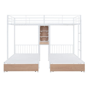 English Elm Full Triple Bunk Bed with Drawers and Built-in Desk Shelves, Space-Saving Metal & Wood Design for Families White SF000028AAK