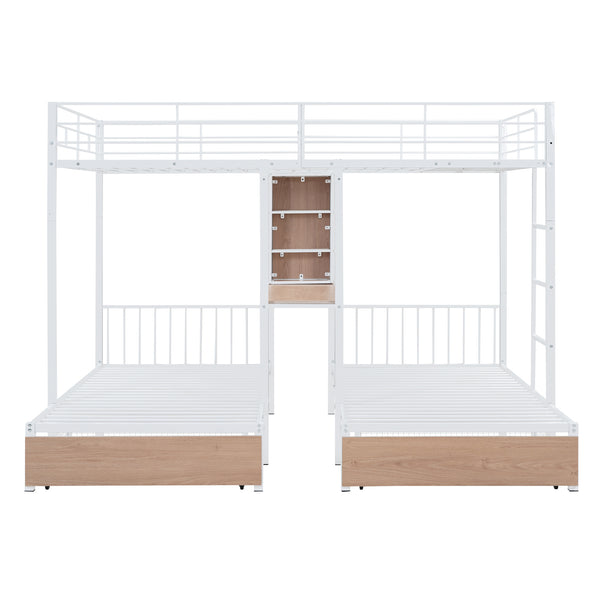 English Elm Full Triple Bunk Bed with Drawers and Built-in Desk Shelves, Space-Saving Metal & Wood Design for Families White SF000028AAK