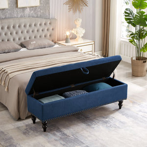 English Elm 59" Bed Bench Ottoman with Hidden Storage, Eucalyptus Wood Frame, Durable Linen Upholstery, 500lb Capacity Blue W1097124943