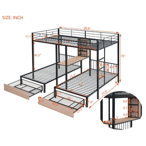 English Elm Full Triple Bunk Bed with Drawers and Built-in Desk Shelves, Space-Saving Metal & Wood Design for Families Black SF000028AAB