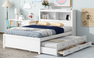 English Elm Full Full Size platform bed with trundle, 3 under-bed drawers, headboard shelves and USB ports—durable pine construction for storage and extra sleeping space White GX000352AAK