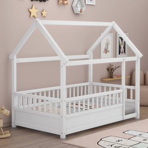 English Elm Twin House Frame Floor Bed with 20" High Fence, Solid Pine Roof, Spacious Entrance for Kids Safety White W1858123984