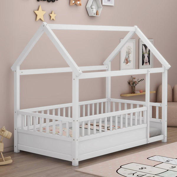 English Elm Twin House Frame Floor Bed with 20" High Fence, Solid Pine Roof, Spacious Entrance for Kids Safety White W1858123984